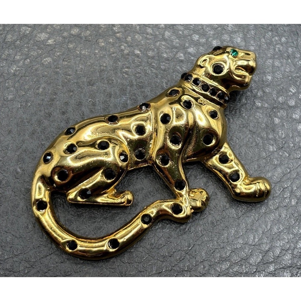 Vintage Leopard Cat Panther Brooch Black Rhinestone Crystal Gold Tone